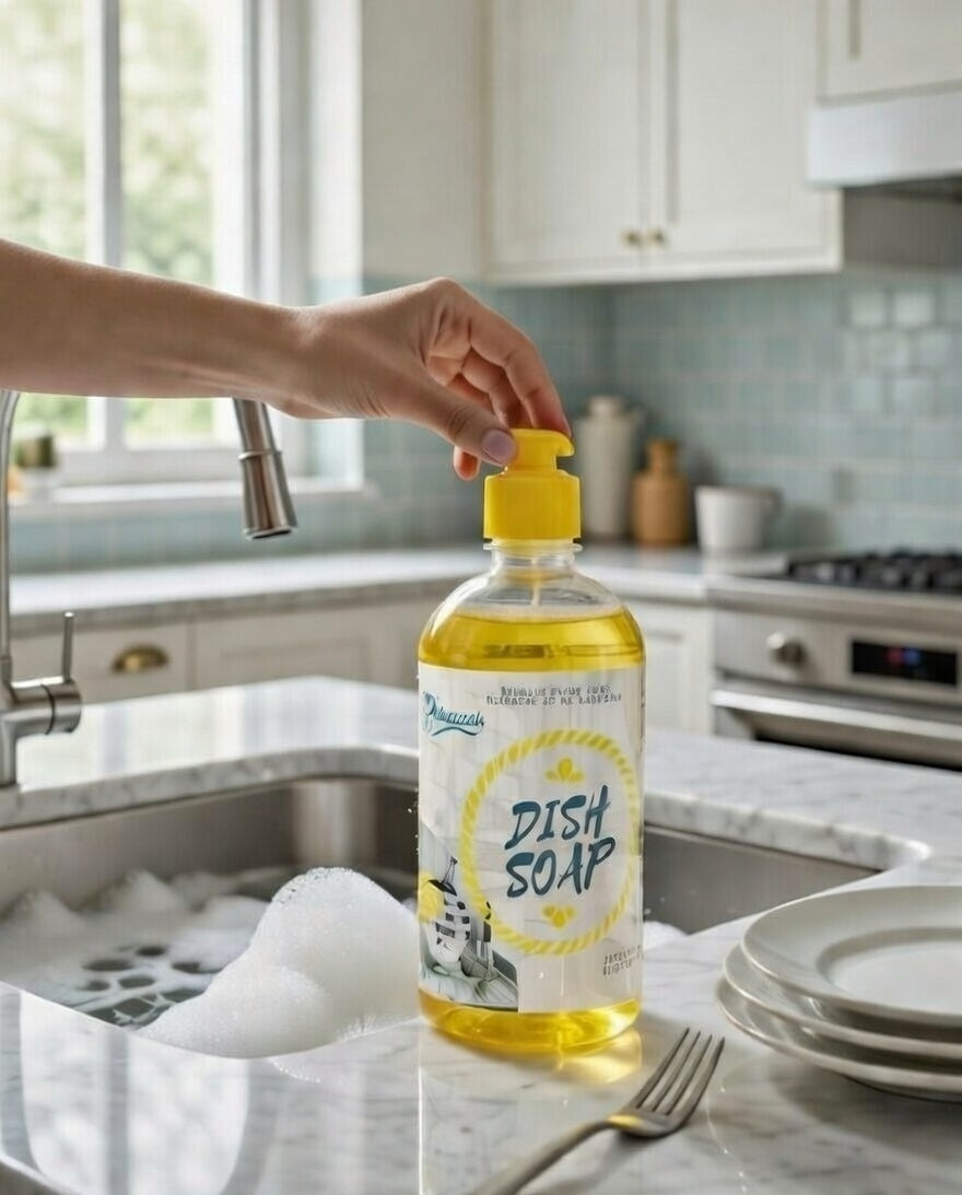 Hand holding a bottle of dish soap on a kitchen counter with a sink and dishes in the background.
